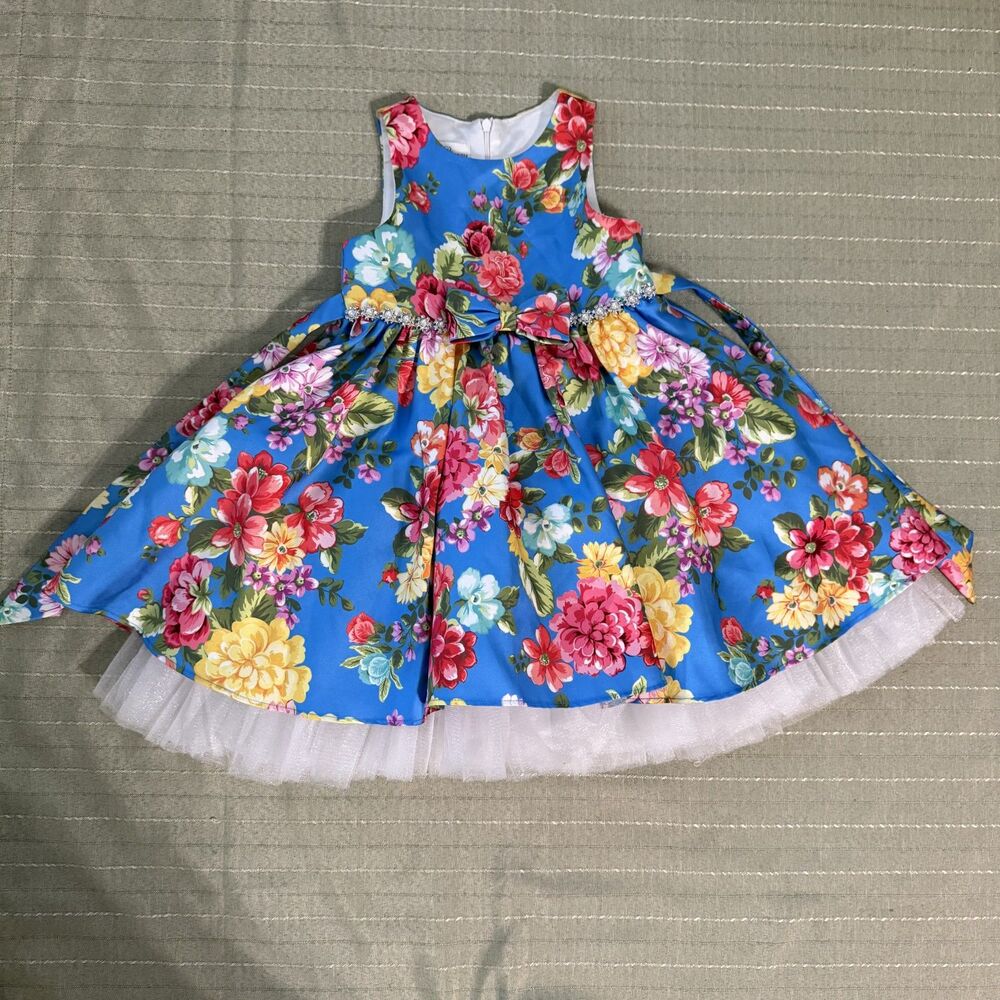 Couture Princess Girls Blue Floral Dress Size 6 Great Condition